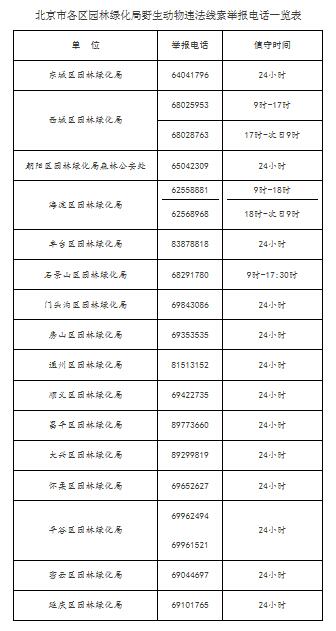 北京市各區野生動物違法線索舉報電話