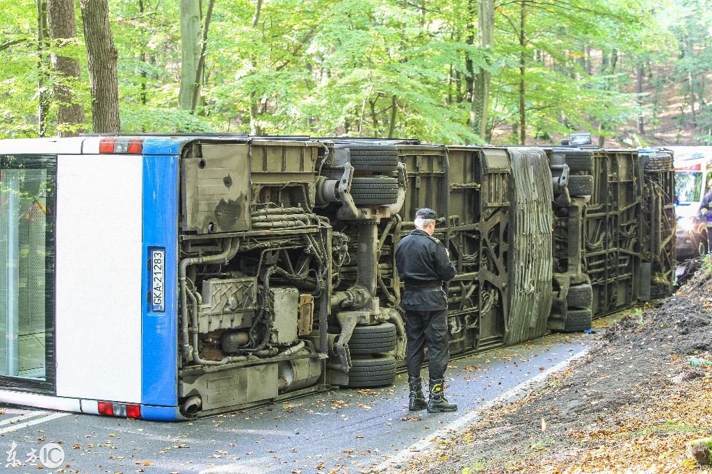 國(guó)外一森林公園中城市大巴在森林道路上側(cè)翻