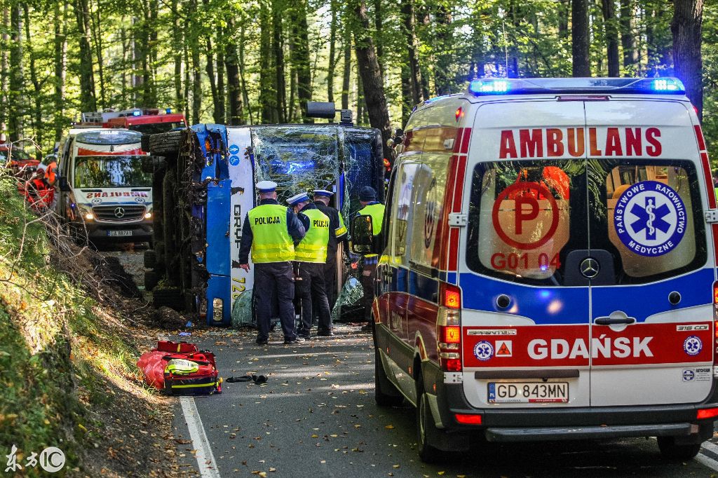國(guó)外一森林公園中城市大巴在森林道路上側(cè)翻