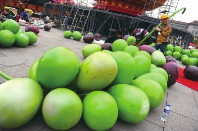 一粒粒葡萄大如西瓜,正待工人們拼裝。